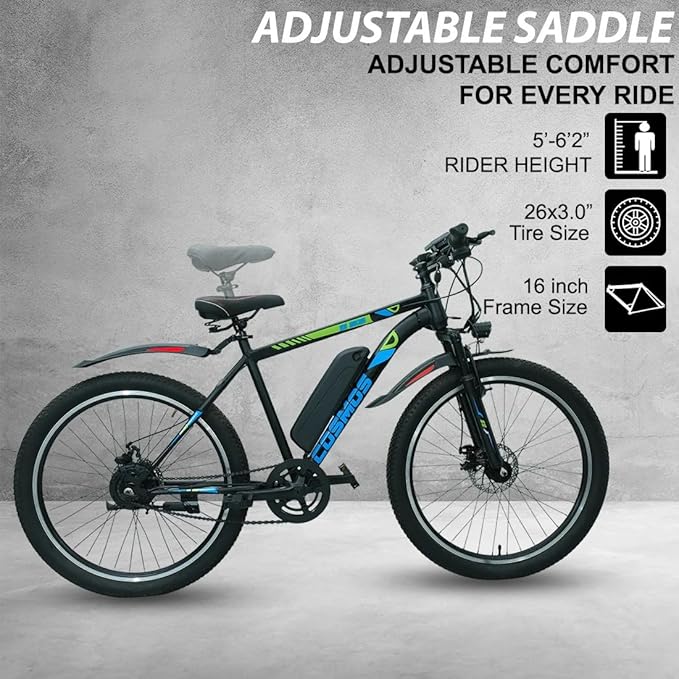 SS Bikes Cosmos Classic Electric Bicycle for Adults | 250W BLDC Motor, 36V/5.8Ah Battery, Upto 50 Km Range, Dual Disc Brakes, MTB-Style Unisex Frame, 26- Inch Tyres E-Bike for Men & Women