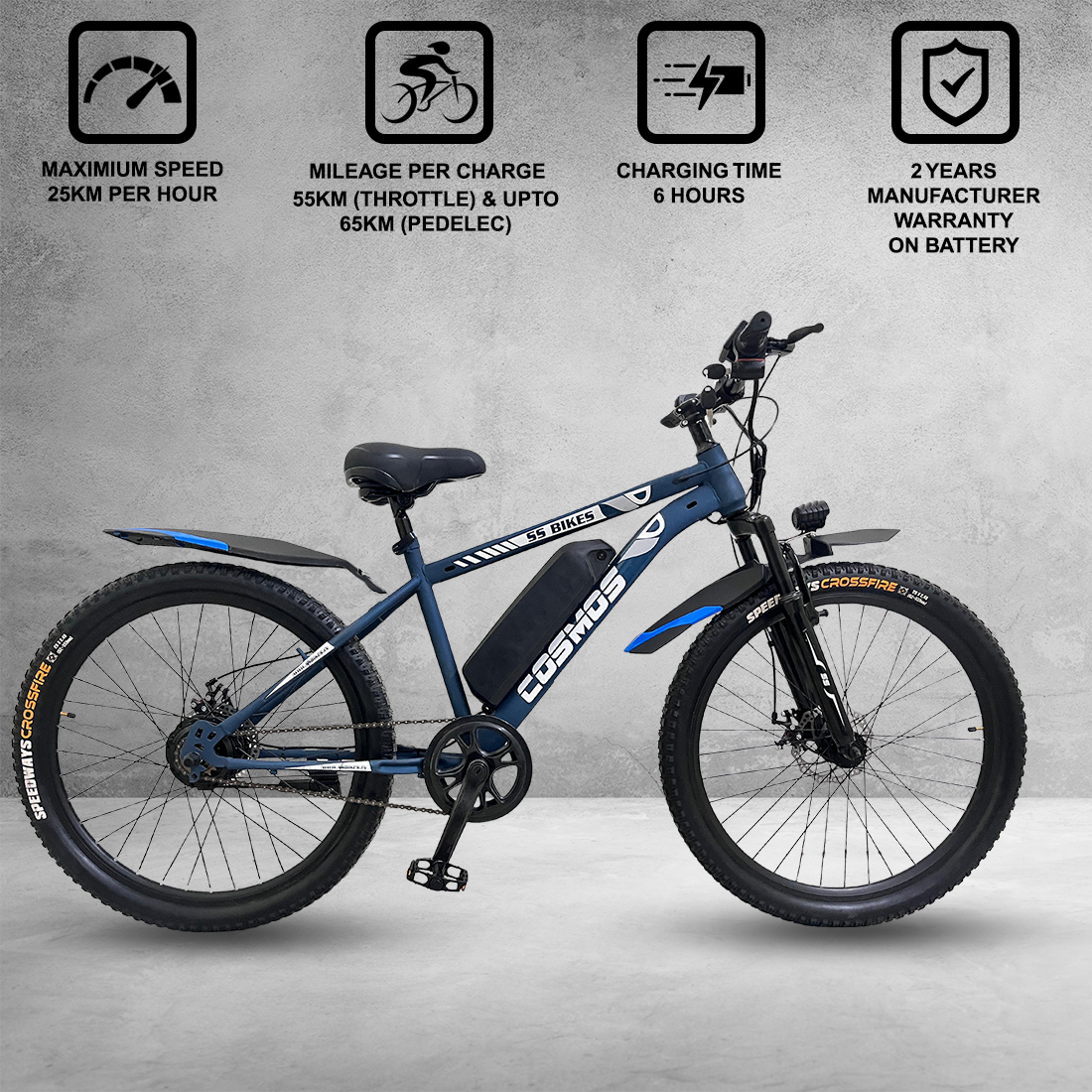 SS Bikes Cosmos Premium – 250W Motor | Upto 65 km Range | Dual Disc Brakes | 36V Battery