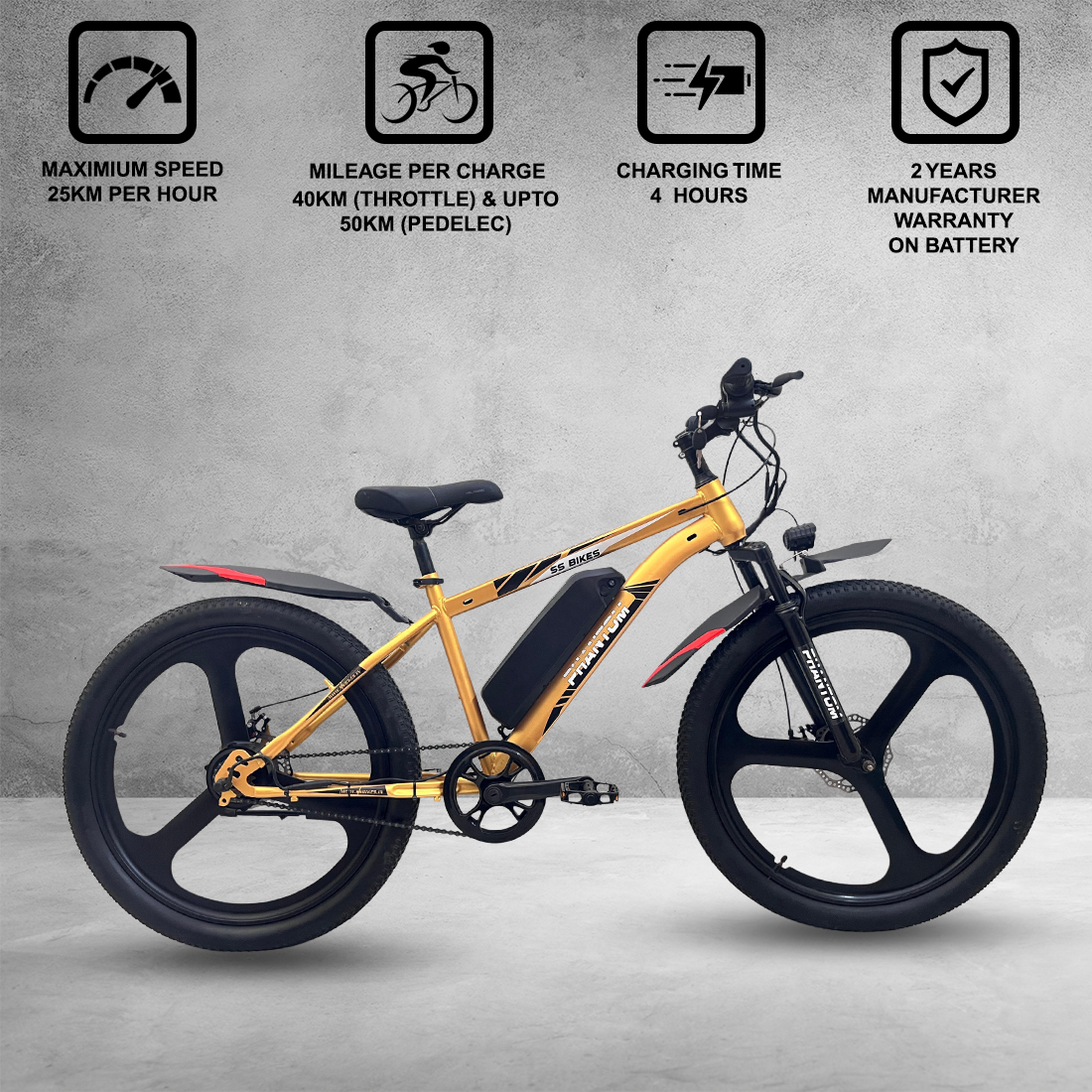SS Bikes Phantom – 250W Motor | Up to 75 km Range | 36V Battery | Dual Disc Brakes