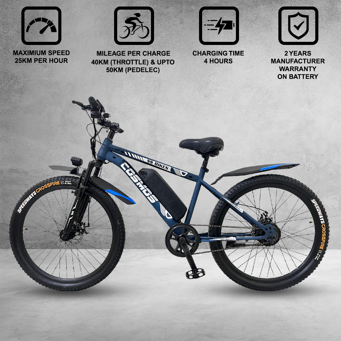 SS Bikes Cosmos Premium – 250W Motor | Upto 65 km Range | Dual Disc Brakes | 36V Battery