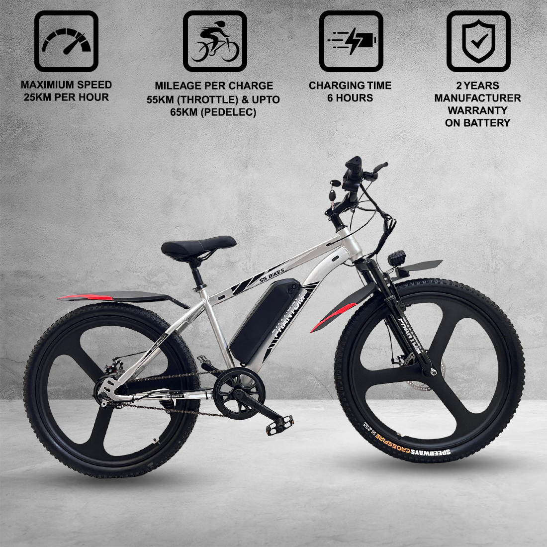 SS Bikes Phantom – 250W Motor | Up to 75 km Range | 36V Battery | Dual Disc Brakes