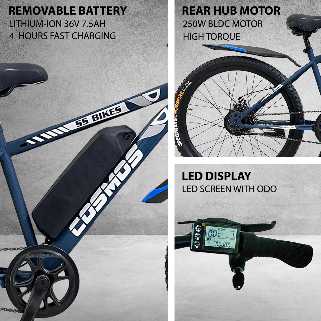 SS Bikes Cosmos Premium – 250W Motor | Upto 65 km Range | Dual Disc Brakes | 36V Battery