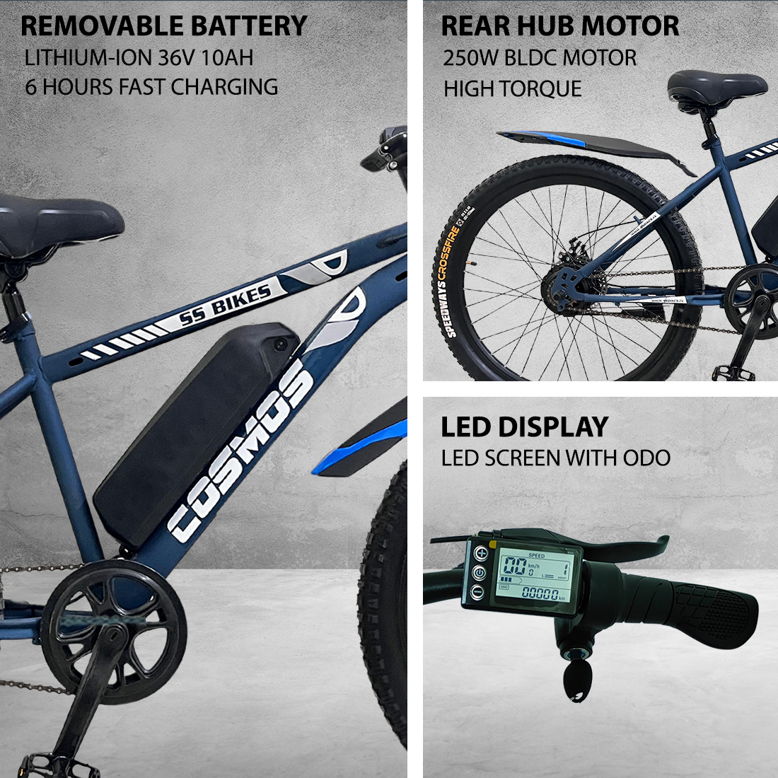 SS Bikes Cosmos Premium – 250W Motor | Upto 65 km Range | Dual Disc Brakes | 36V Battery