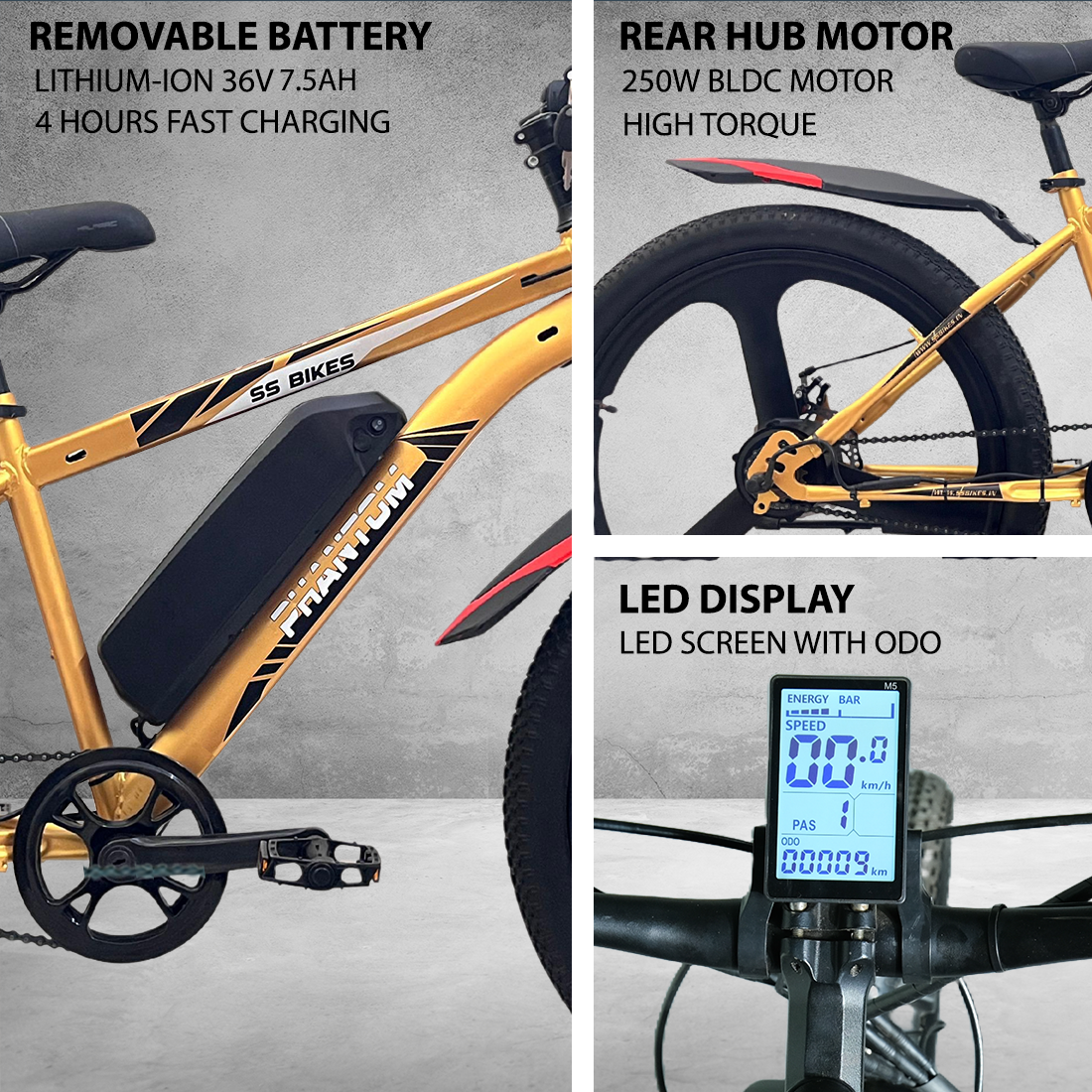 SS Bikes Phantom – 250W Motor | Up to 75 km Range | 36V Battery | Dual Disc Brakes