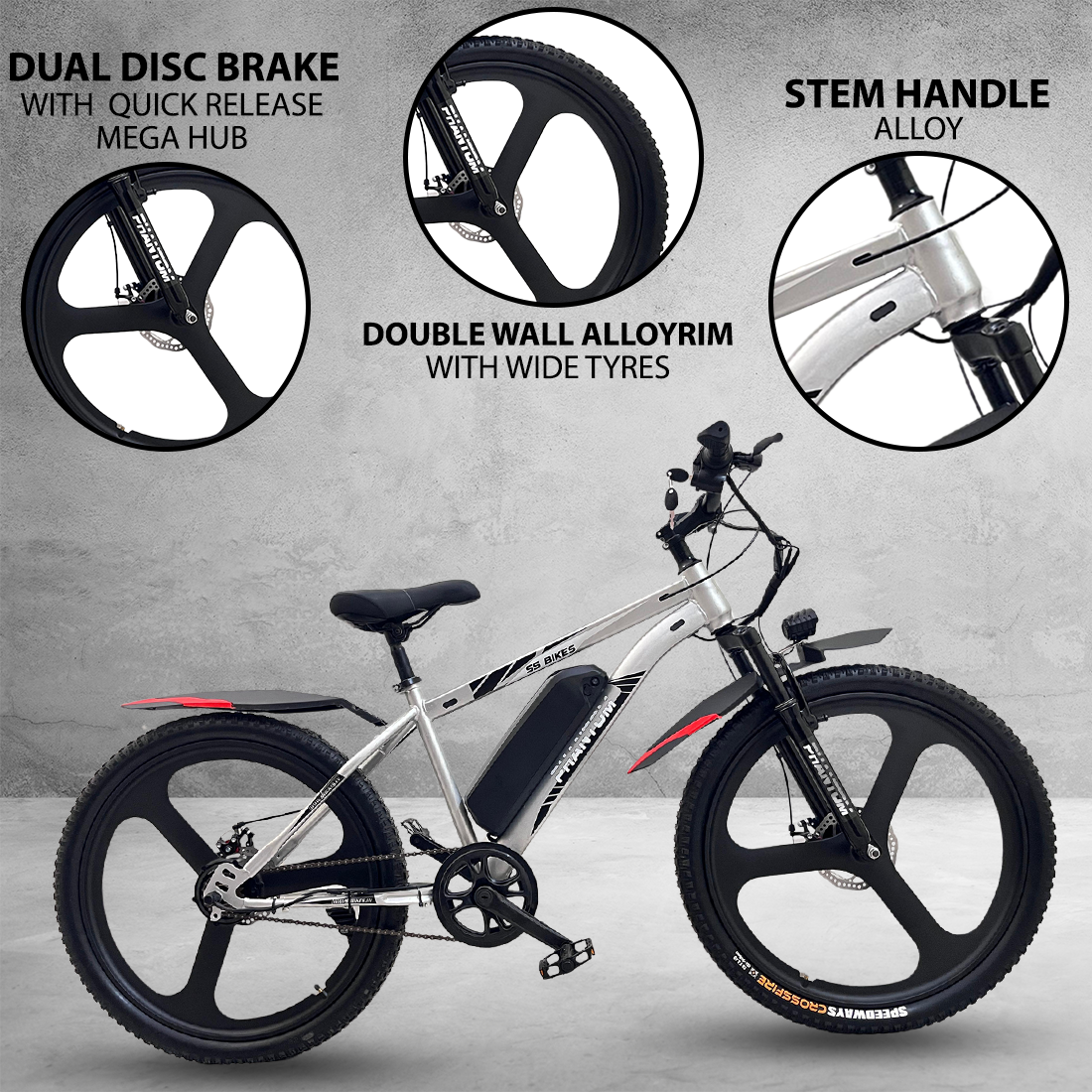 SS Bikes Phantom – 250W Motor | Up to 75 km Range | 36V Battery | Dual Disc Brakes