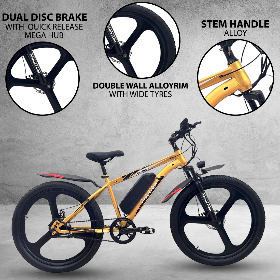 SS Bikes Phantom – 250W Motor | Up to 75 km Range | 36V Battery | Dual Disc Brakes