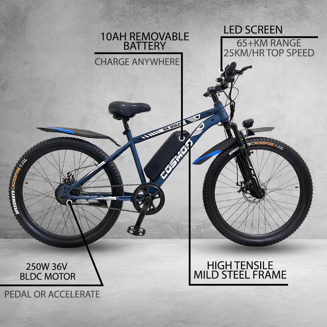 SS Bikes Cosmos Premium – 250W Motor | Upto 65 km Range | Dual Disc Brakes | 36V Battery