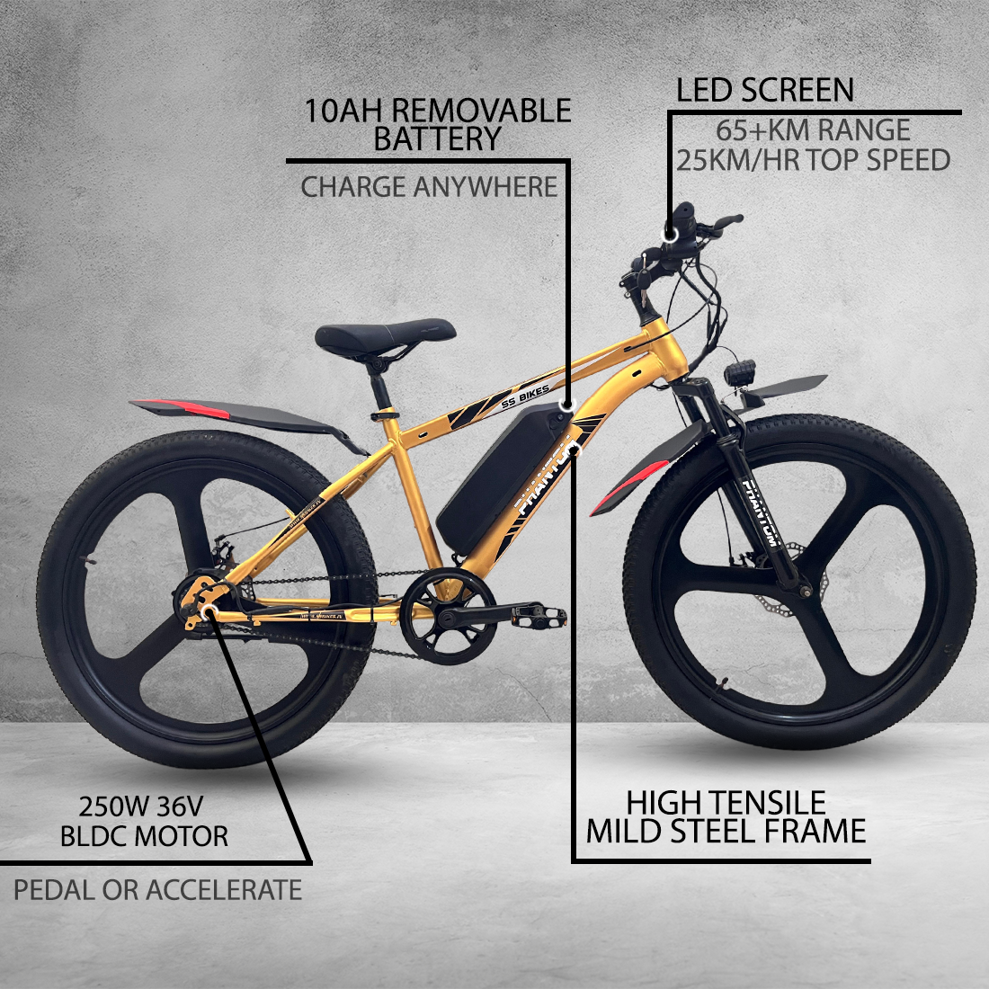 SS Bikes Phantom – 250W Motor | Up to 75 km Range | 36V Battery | Dual Disc Brakes