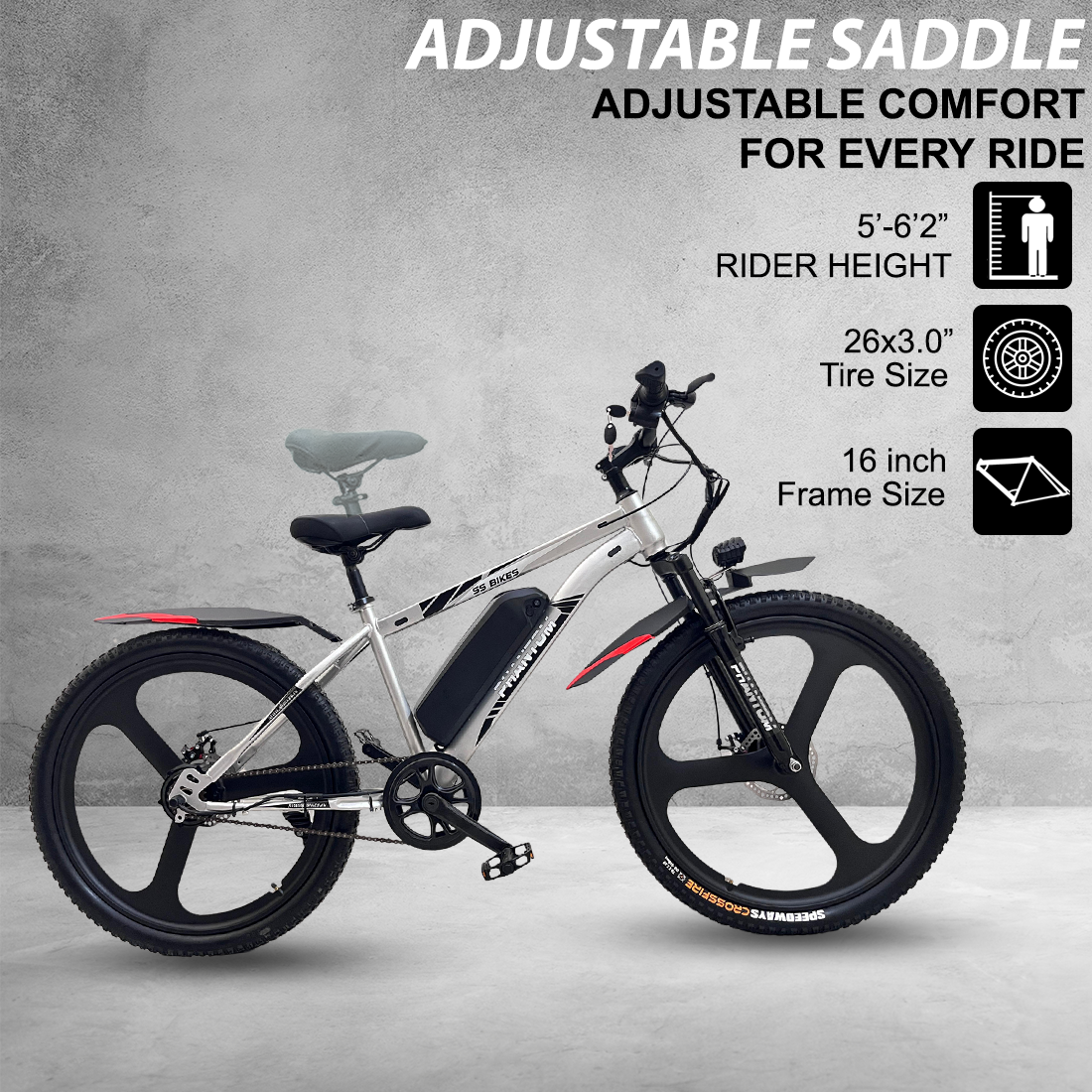 SS Bikes Phantom – 250W Motor | Up to 75 km Range | 36V Battery | Dual Disc Brakes