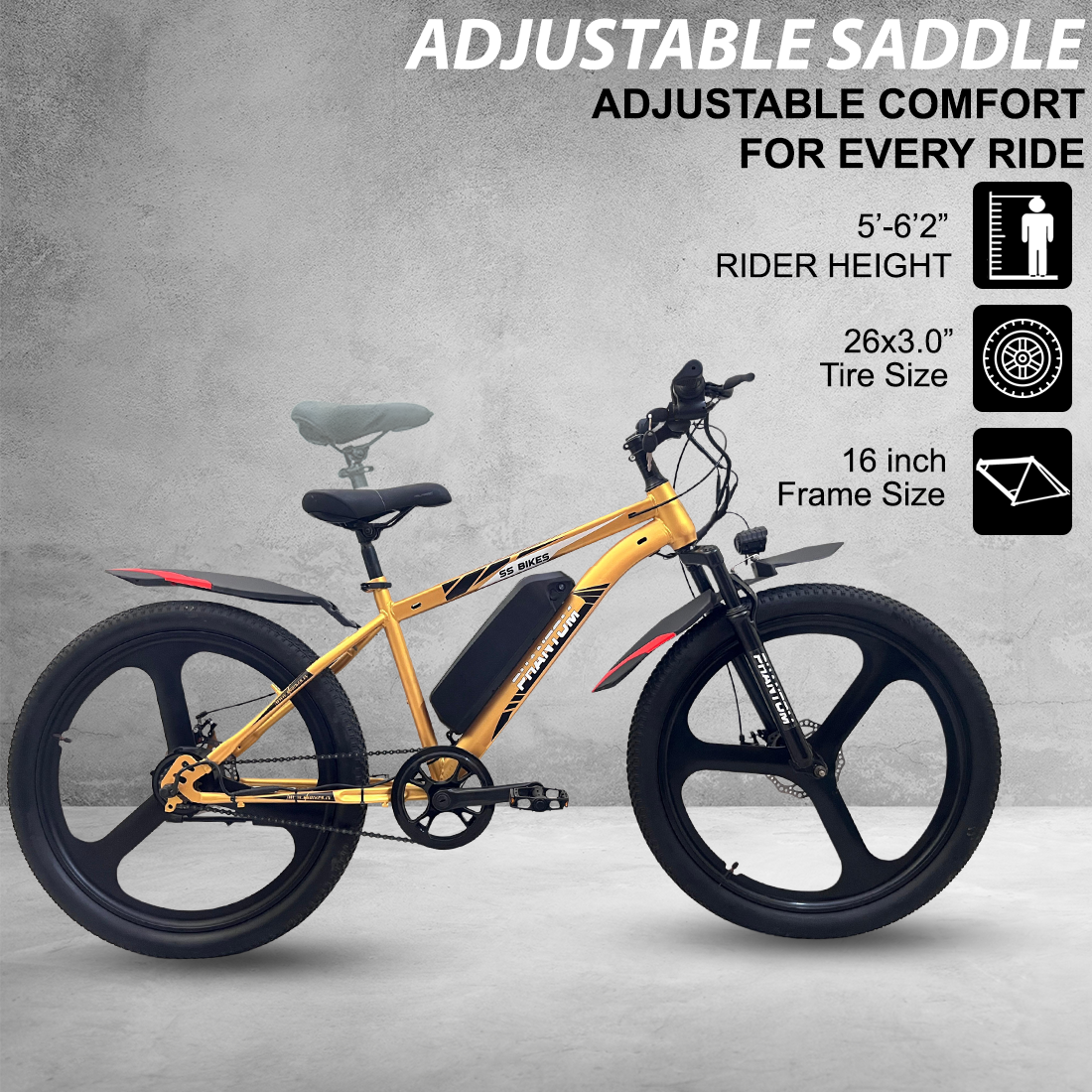 SS Bikes Phantom – 250W Motor | Up to 75 km Range | 36V Battery | Dual Disc Brakes