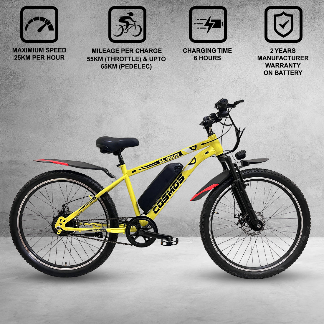 SS Bikes Cosmos Premium – 250W Motor | Upto 65 km Range | Dual Disc Brakes | 36V Battery