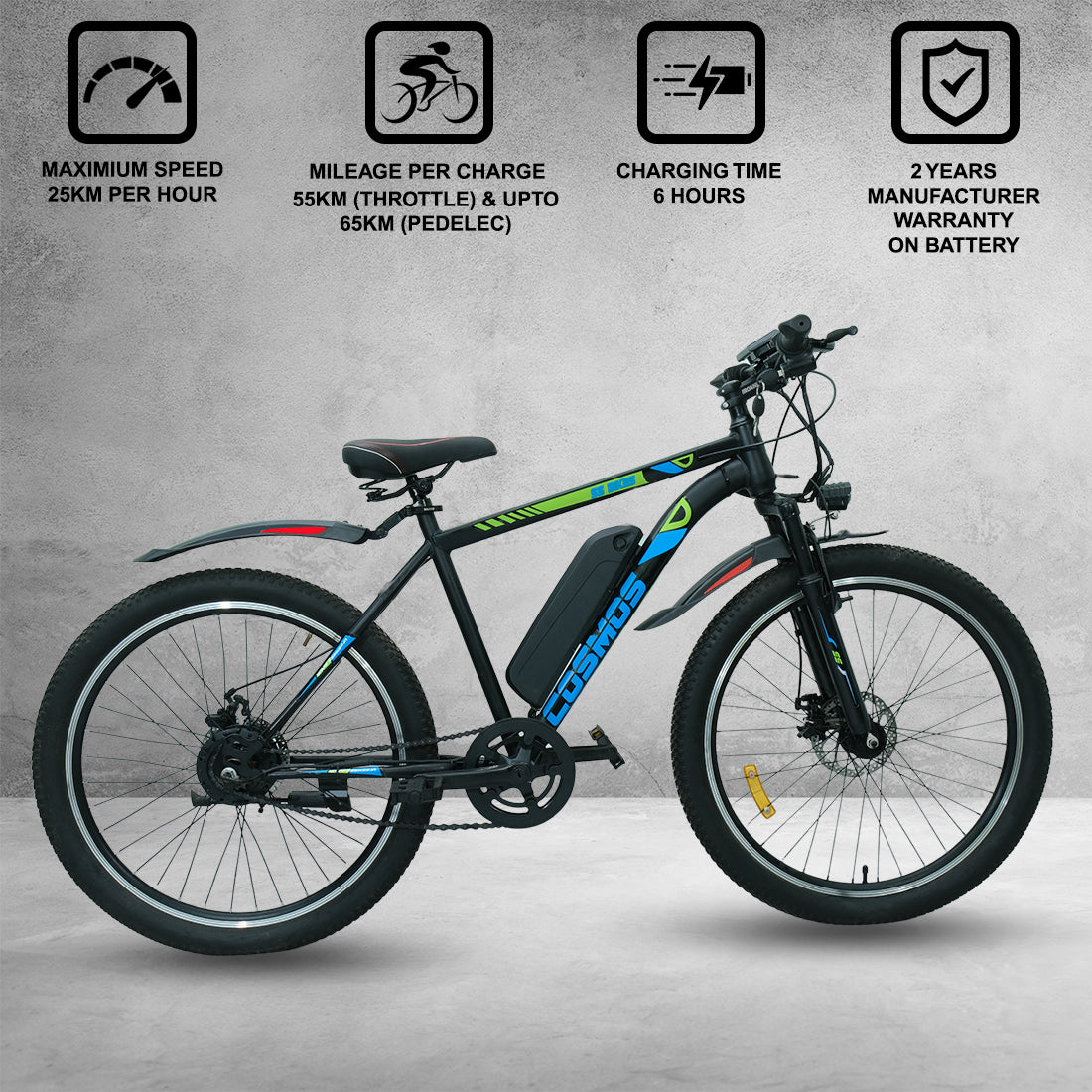 SS Bikes Cosmos Premium – 250W Motor | Upto 65 km Range | Dual Disc Brakes | 36V Battery