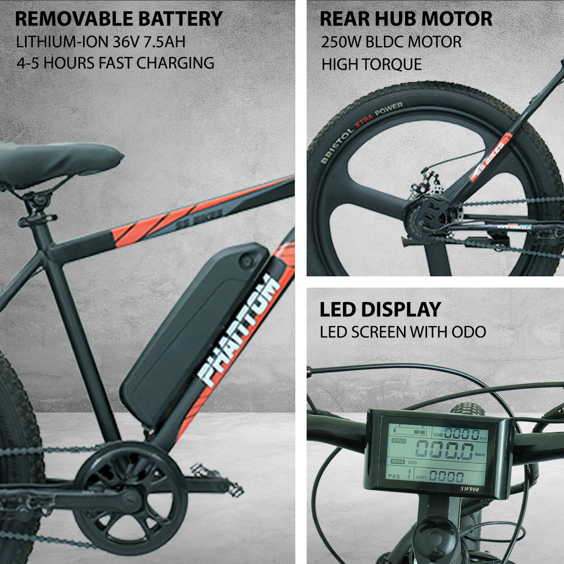 SS Bikes Phantom – 250W Motor | Up to 75 km Range | 36V Battery | Dual Disc Brakes