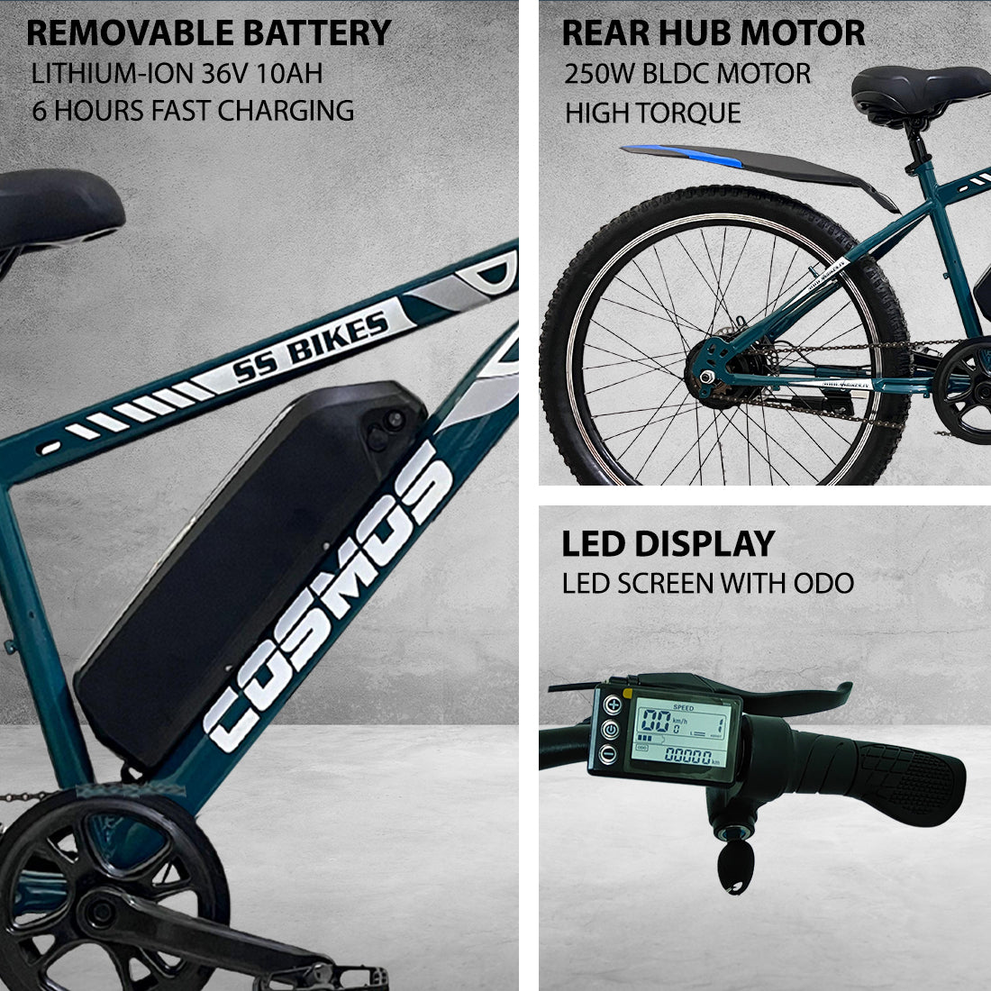 SS Bikes Cosmos Premium – 250W Motor | Upto 65 km Range | Dual Disc Brakes | 36V Battery