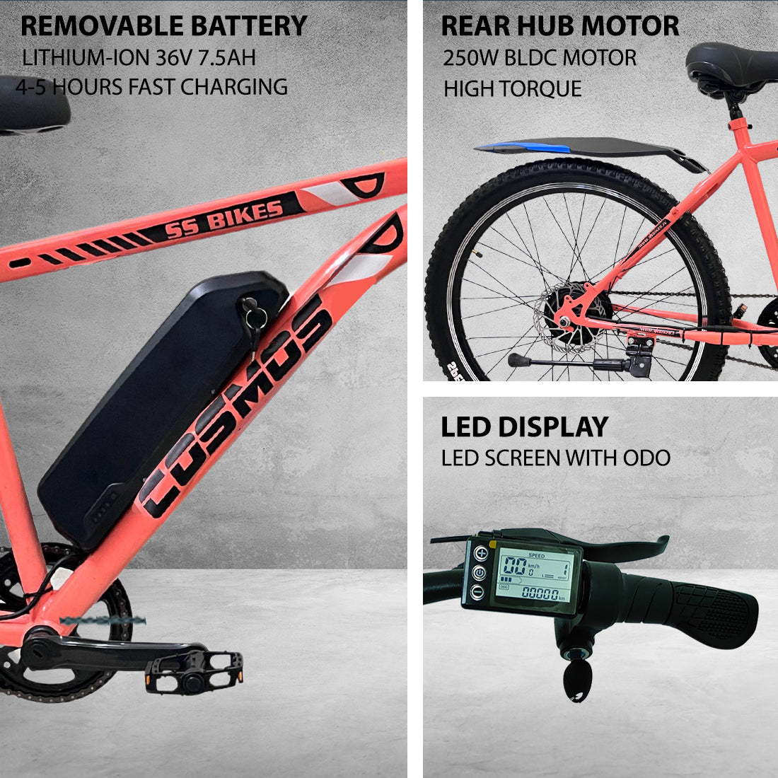 SS Bikes Cosmos Premium – 250W Motor | Upto 65 km Range | Dual Disc Brakes | 36V Battery