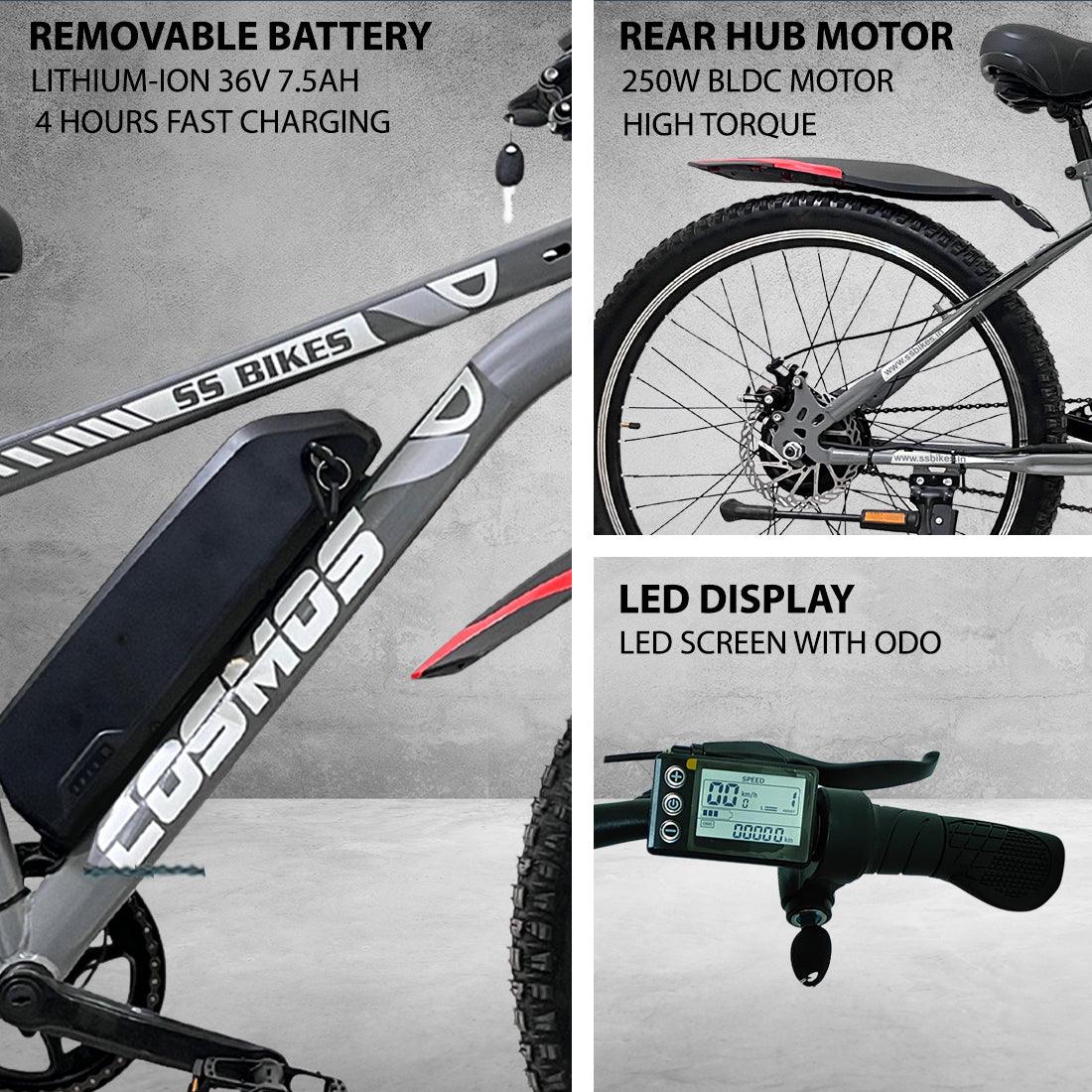 SS Bikes Cosmos Premium – 250W Motor | Upto 65 km Range | Dual Disc Brakes | 36V Battery