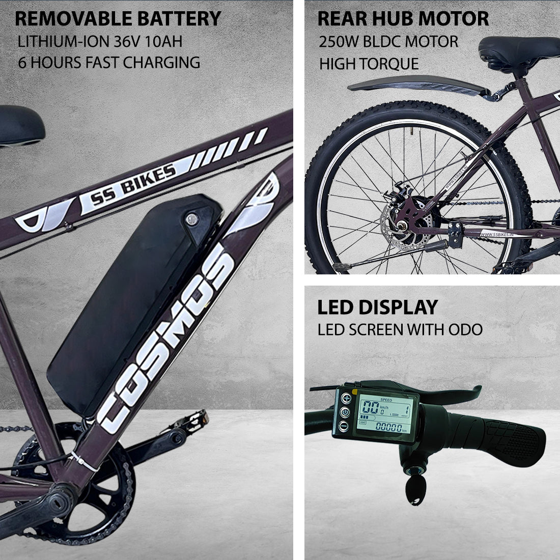 SS Bikes Cosmos Premium – 250W Motor | Upto 65 km Range | Dual Disc Brakes | 36V Battery