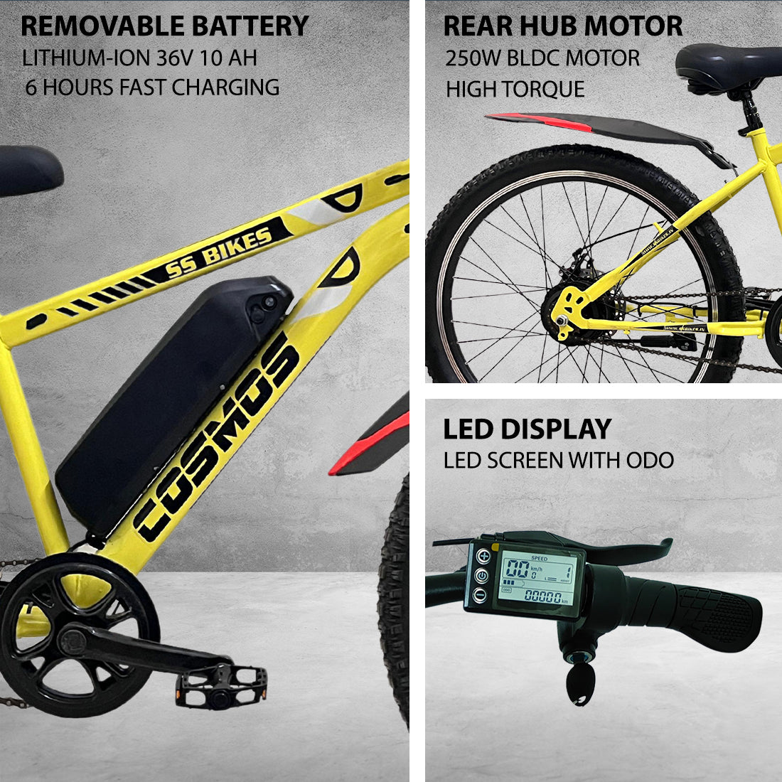 SS Bikes Cosmos Premium – 250W Motor | Upto 65 km Range | Dual Disc Brakes | 36V Battery