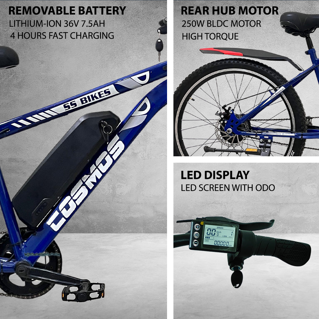 SS Bikes Cosmos Premium – 250W Motor | Upto 65 km Range | Dual Disc Brakes | 36V Battery