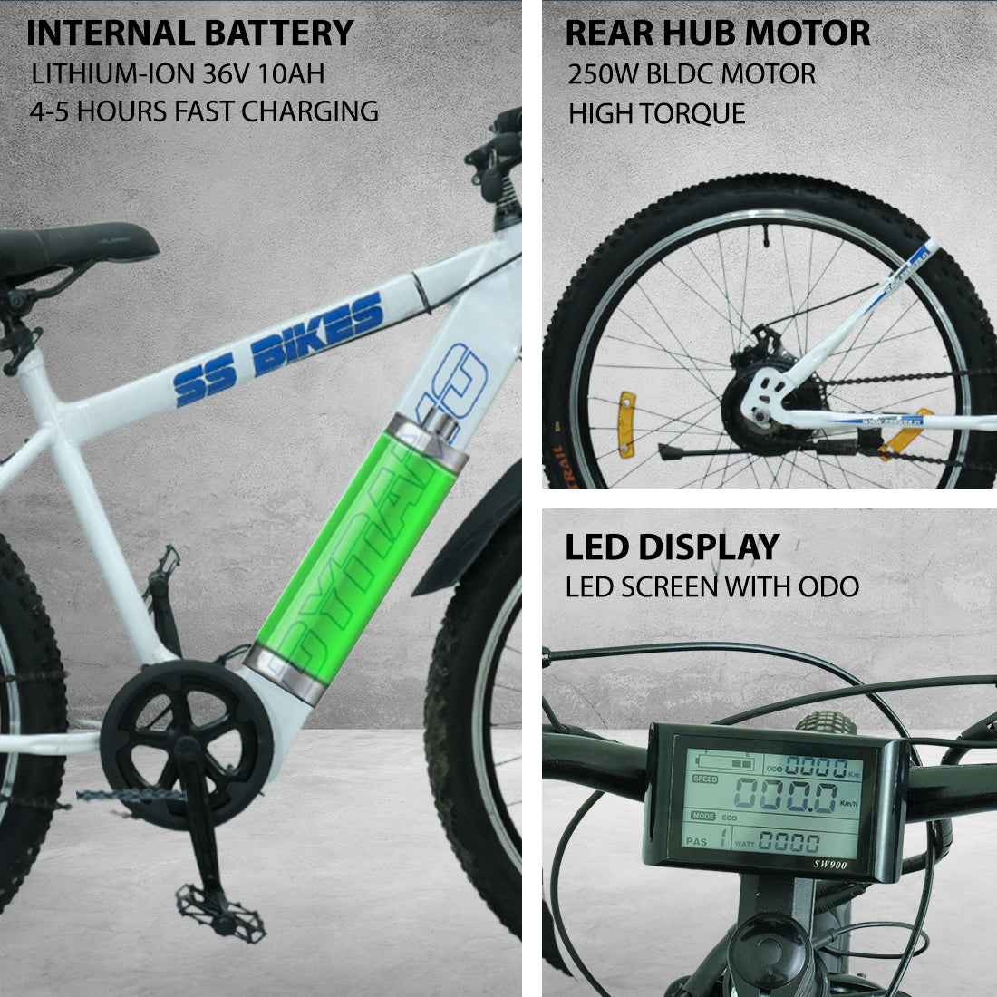 SS Bikes Dynamo – 250W Motor | 55+ km Throttle Range | 36V Battery | Dual Disc Brakes