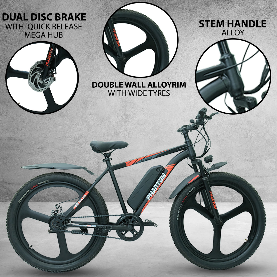 SS Bikes Phantom – 250W Motor | Up to 75 km Range | 36V Battery | Dual Disc Brakes