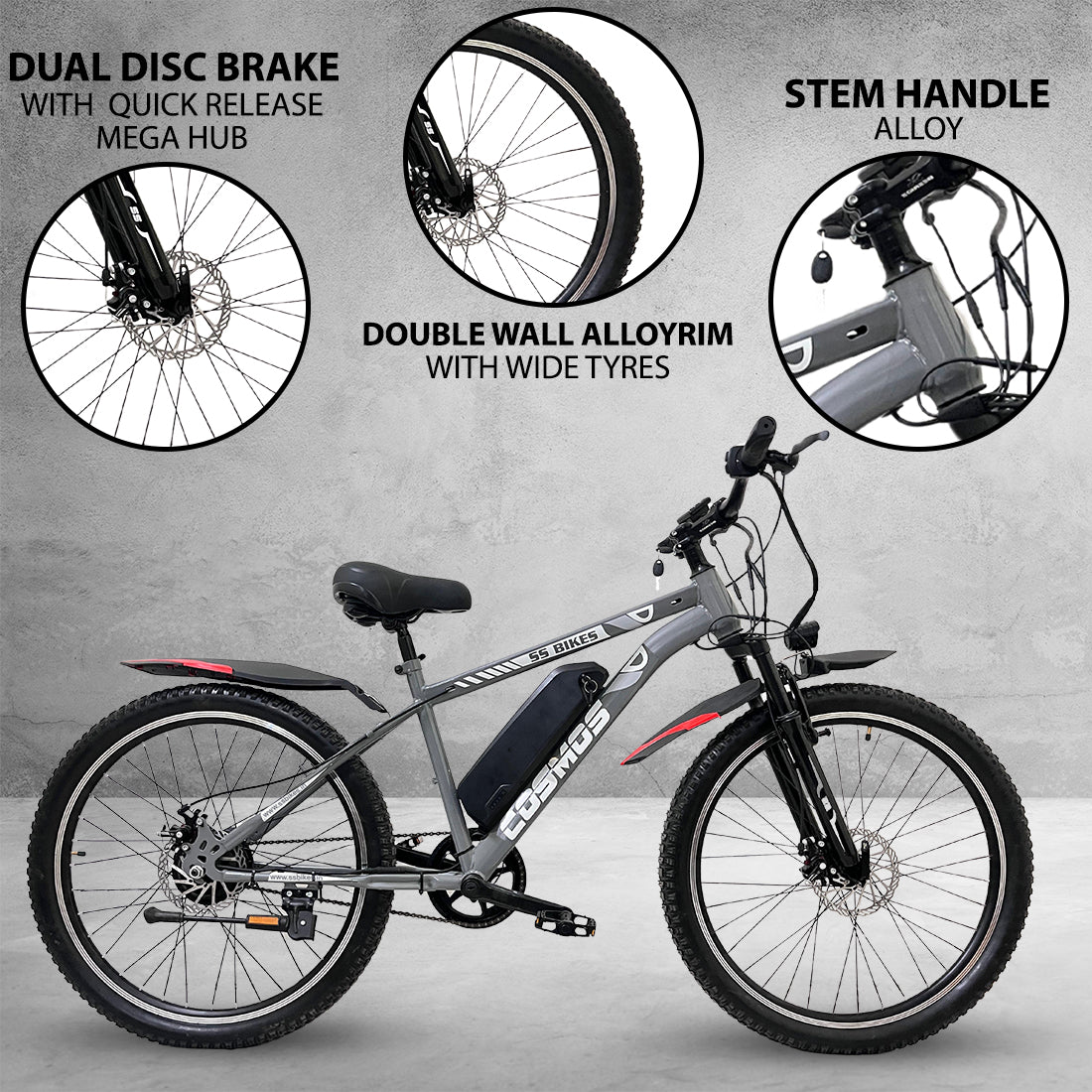SS Bikes Cosmos Premium – 250W Motor | Upto 65 km Range | Dual Disc Brakes | 36V Battery