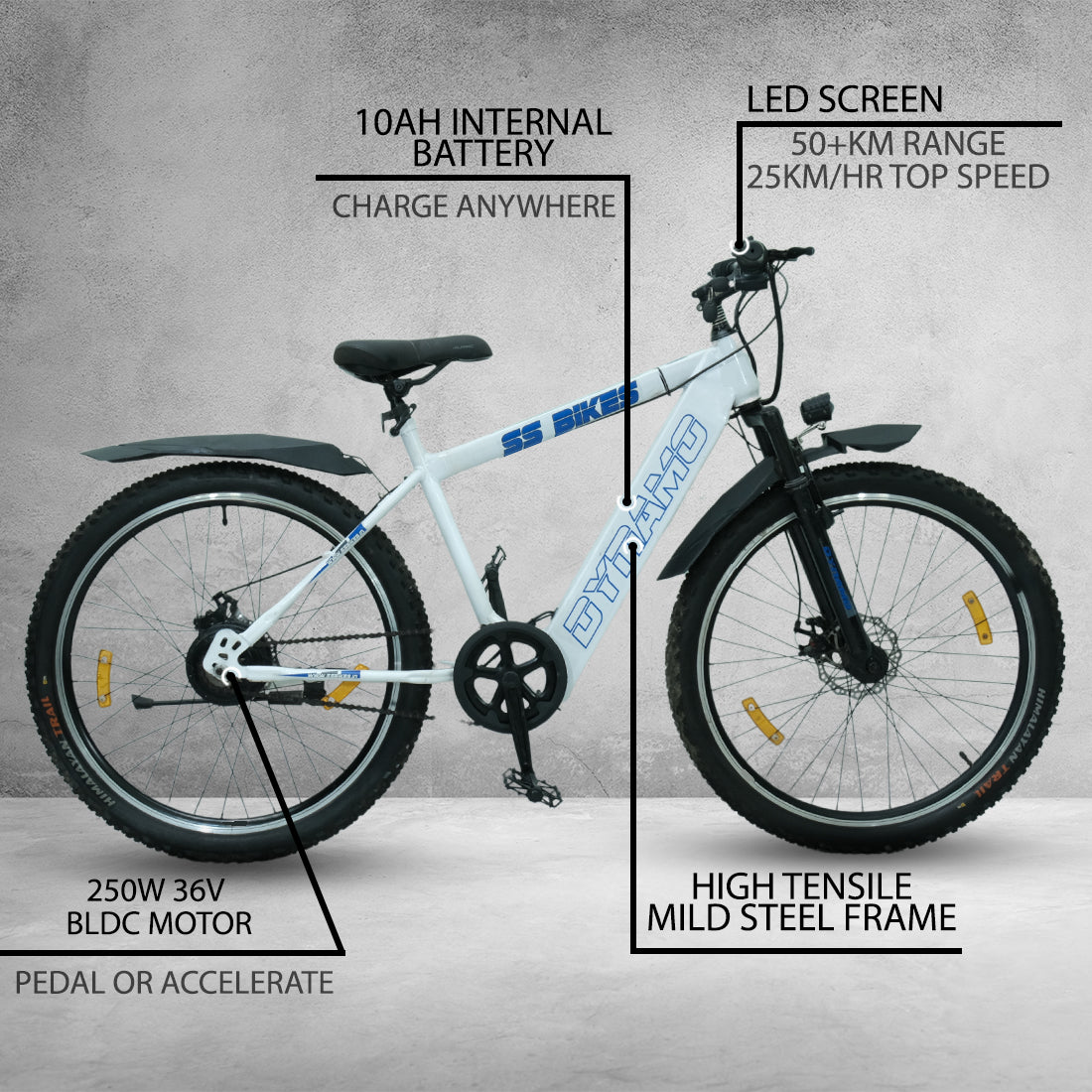 SS Bikes Dynamo – 250W Motor | 55+ km Throttle Range | 36V Battery | Dual Disc Brakes