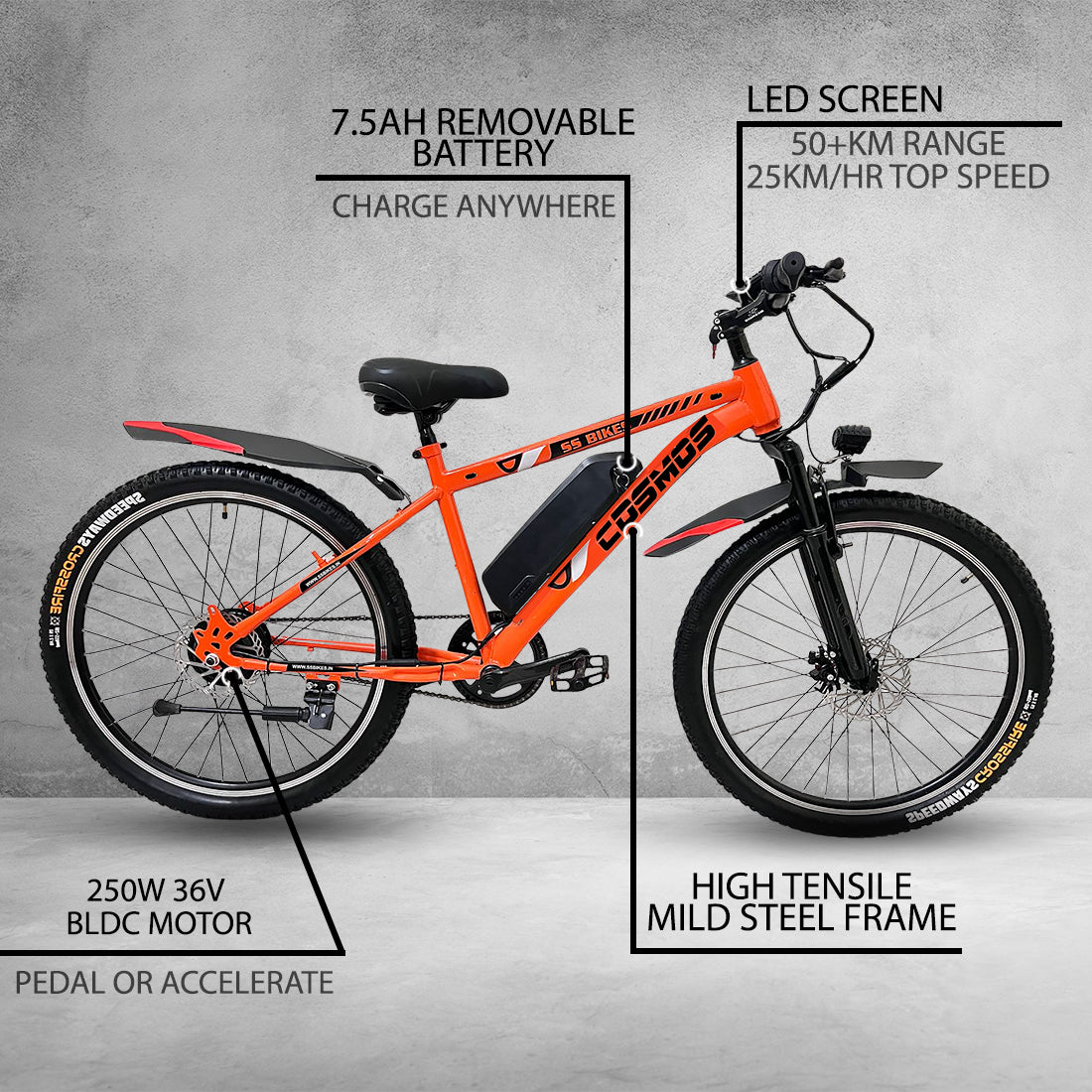 SS Bikes Cosmos Premium – 250W Motor | Upto 65 km Range | Dual Disc Brakes | 36V Battery