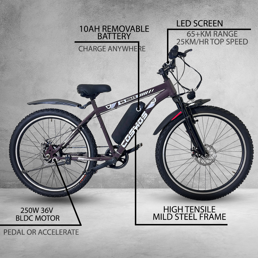 SS Bikes Cosmos Premium – 250W Motor | Upto 65 km Range | Dual Disc Brakes | 36V Battery