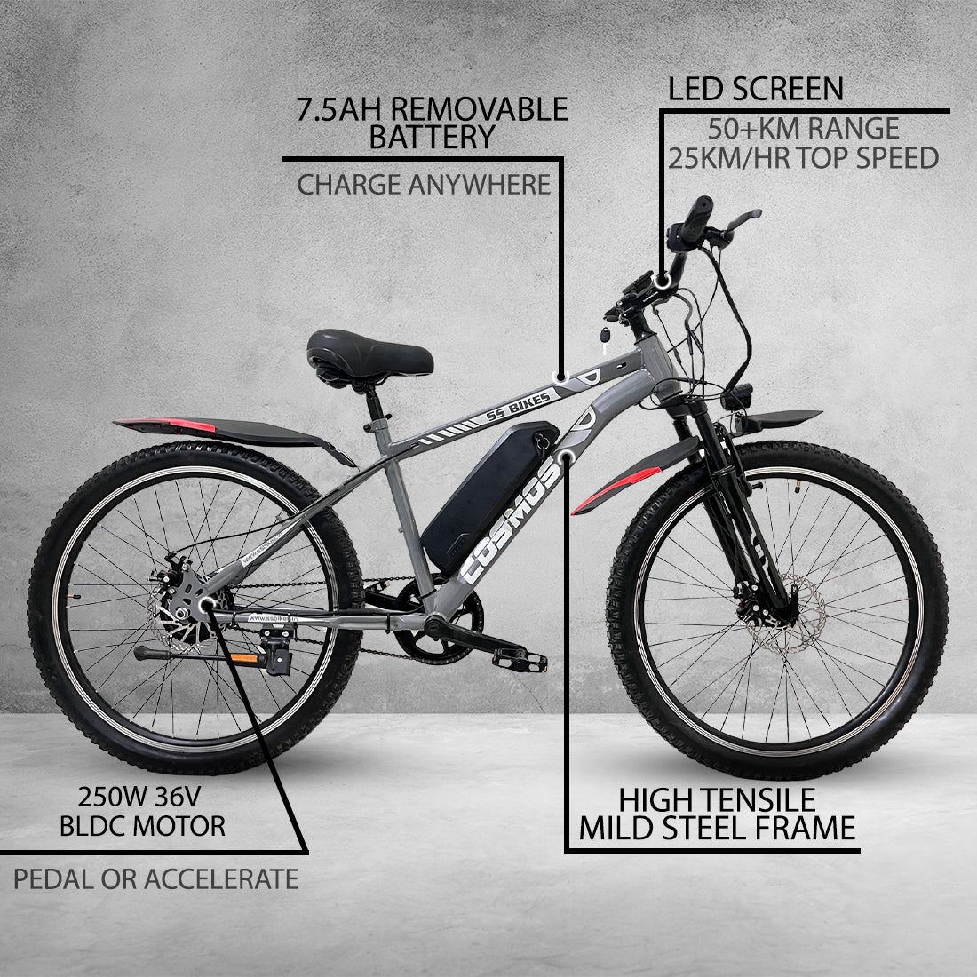 SS Bikes Cosmos Premium – 250W Motor | Upto 65 km Range | Dual Disc Brakes | 36V Battery