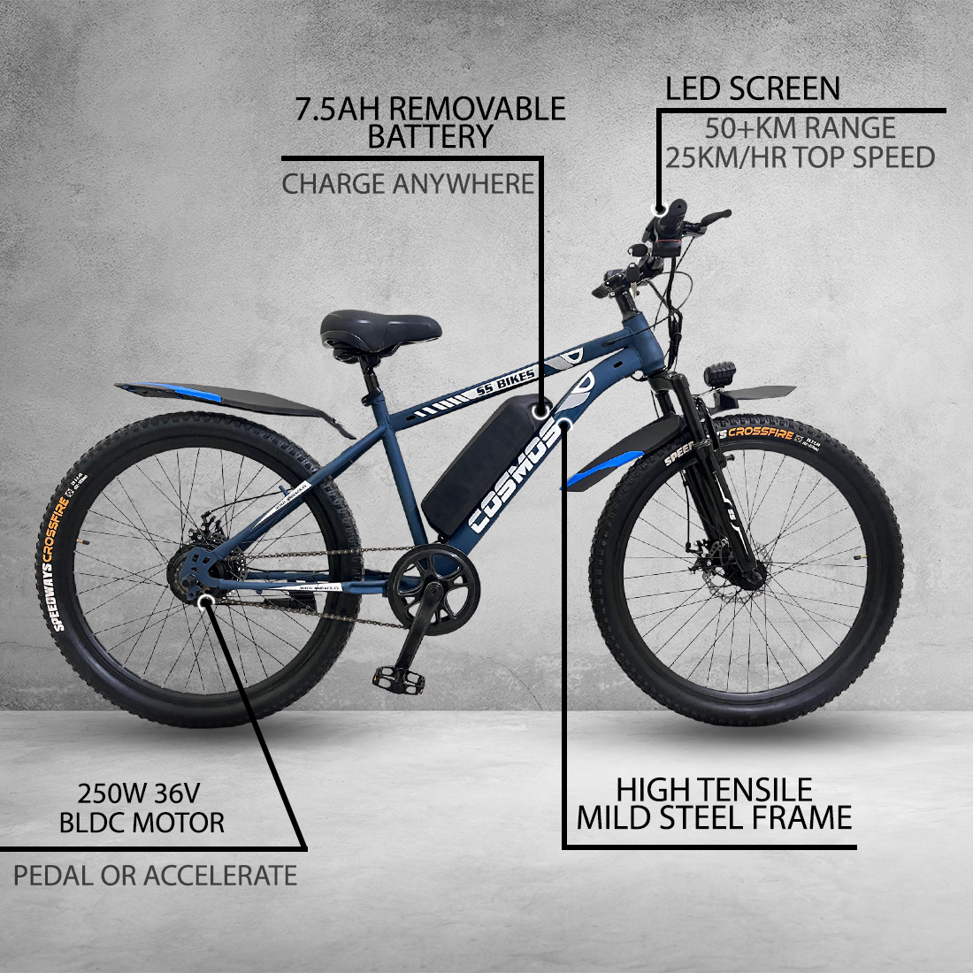 SS Bikes Cosmos LR – 250W Motor | Upto 65 km Range | Dual Disc Brakes | 36V Battery