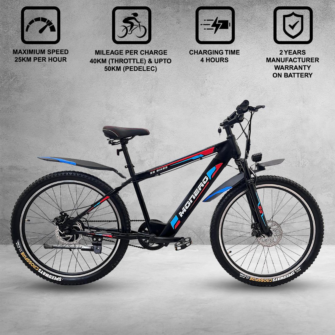 SS Bikes Monero – 250W Motor | 65+ km Range | 36V Internal Battery | Dual Disc Brakes