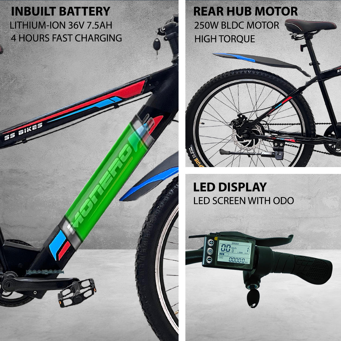 SS Bikes Monero Premium – 250W Motor | 35+ km Range | 36V / 7.8Ah Internal Battery | Dual Disc Brakes