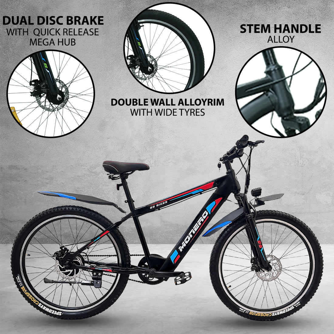 SS Bikes Monero LR – 250W Motor | 65+ km Range | 36V Internal Battery | Dual Disc Brakes