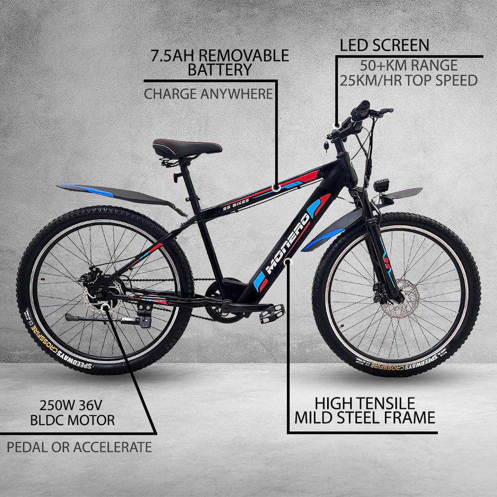 SS Bikes Monero Premium – 250W Motor | 35+ km Range | 36V / 7.8Ah Internal Battery | Dual Disc Brakes