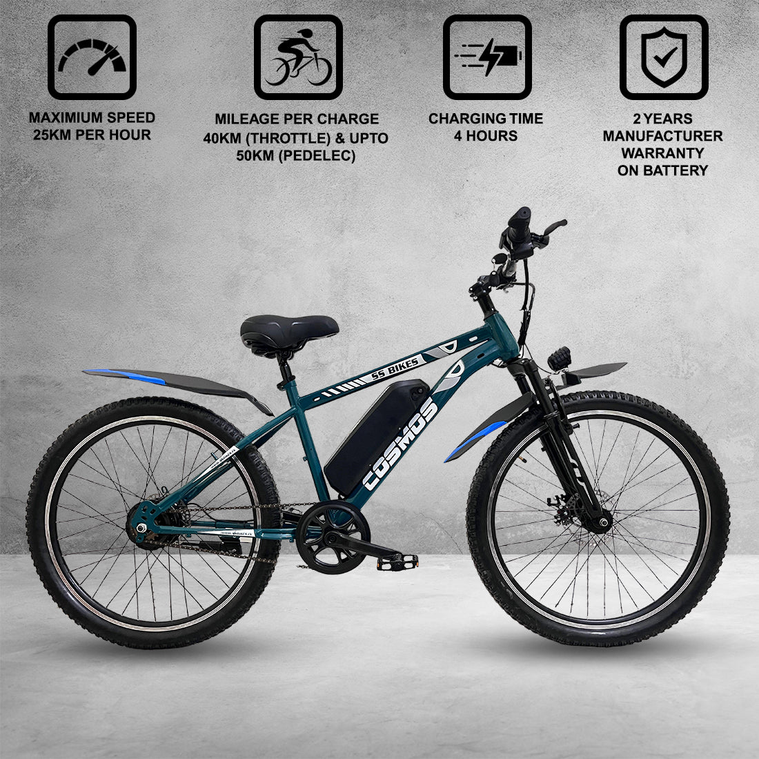 SS Bikes Cosmos Premium – 250W Motor | 35+ km Range | Dual Disc Brakes | 36V / 7.8Ah Battery