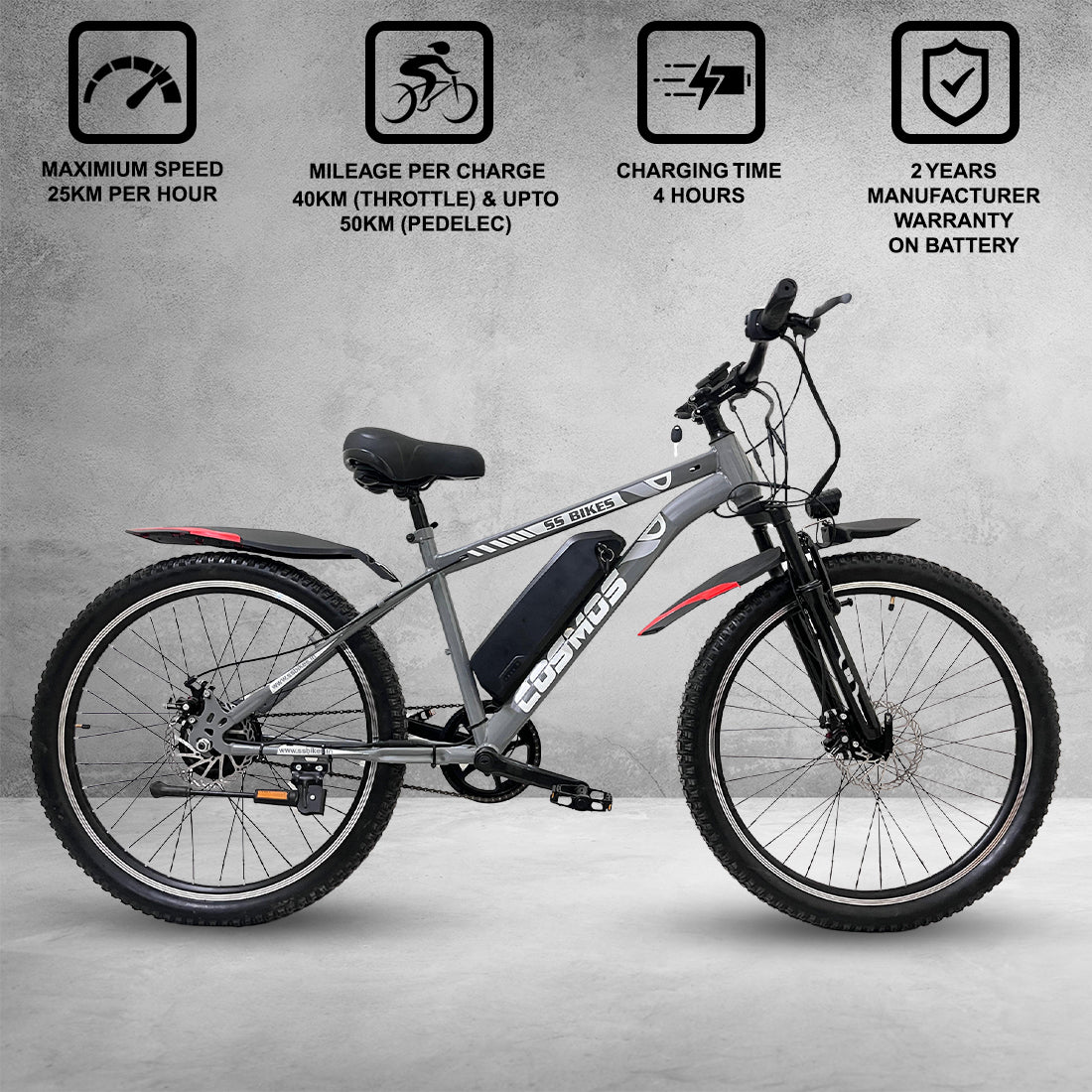 SS Bikes Cosmos Premium – 250W Motor | 35+ km Range | Dual Disc Brakes | 36V / 7.8Ah Battery