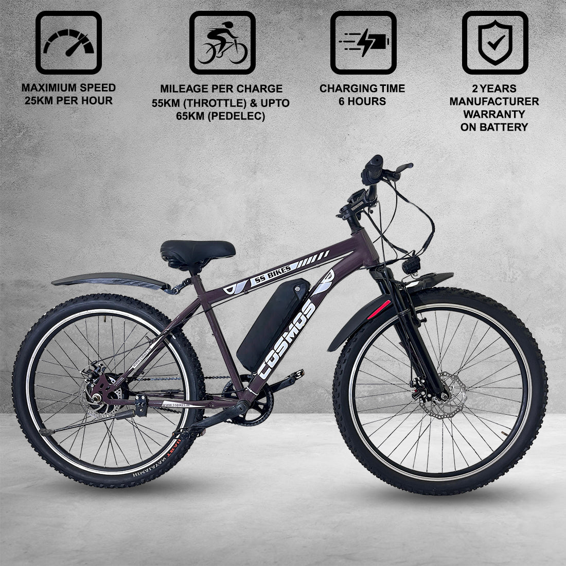 SS Bikes Cosmos Premium – 250W Motor | 35+ km Range | Dual Disc Brakes | 36V / 7.8Ah Battery