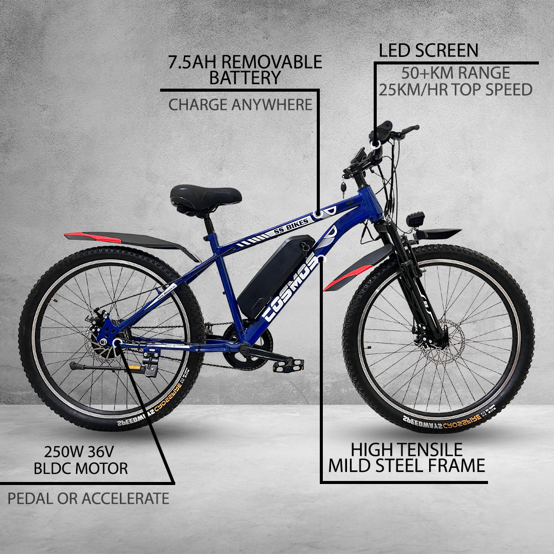 SS Bikes Cosmos LR – 250W Motor | Upto 65 km Range | Dual Disc Brakes | 36V Battery