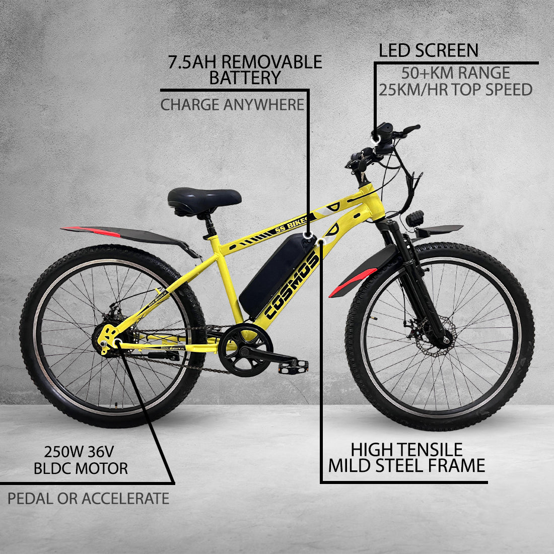 SS Bikes Cosmos Premium – 250W Motor | 35+ km Range | Dual Disc Brakes | 36V / 7.8Ah Battery