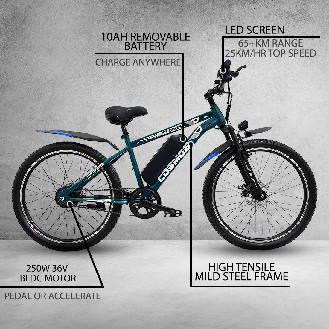 SS Bikes Cosmos LR – 250W Motor | Upto 65 km Range | Dual Disc Brakes | 36V Battery