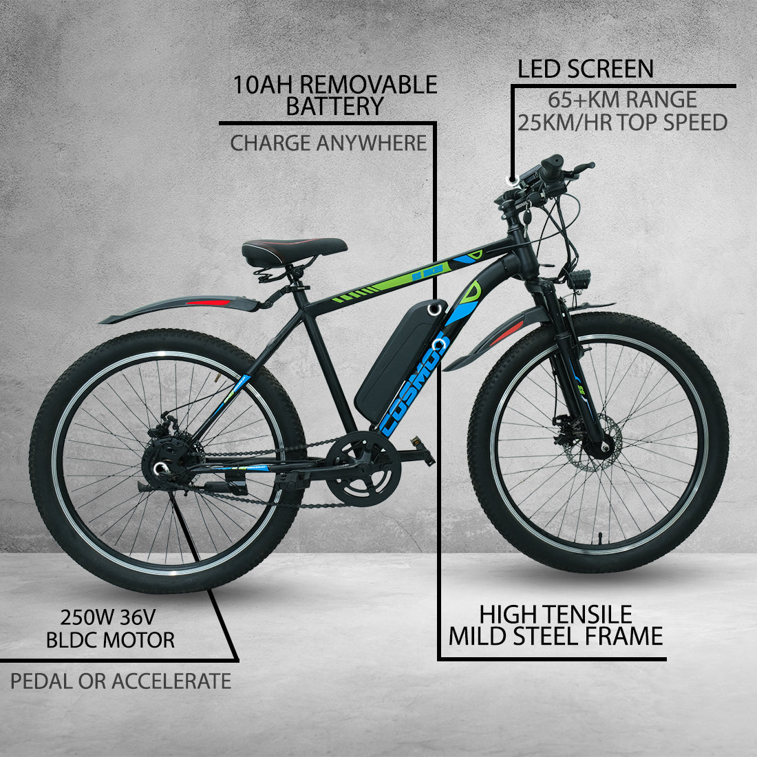 SS Bikes Cosmos LR – 250W Motor | Upto 65 km Range | Dual Disc Brakes | 36V Battery