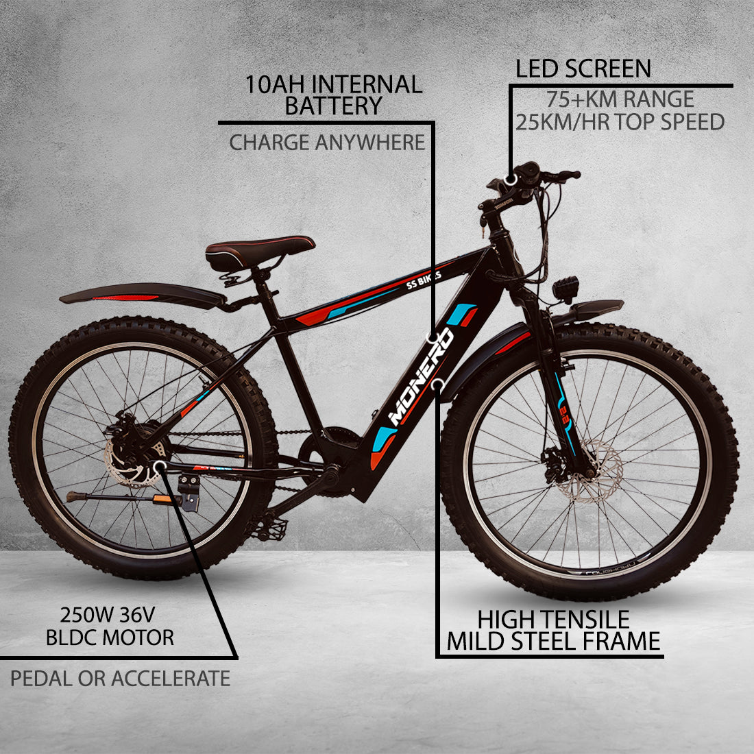 SS Bikes Monero – 250W Motor | 65+ km Range | 36V Internal Battery | Dual Disc Brakes